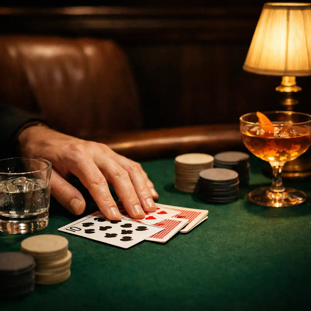 Kéz valódi kártyákat rendez semleges zsetonok mellett, meleg asztali fényben a Varositerasz Poker Lounge-ban.
