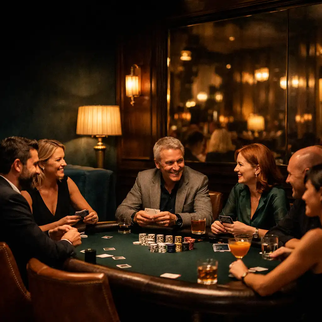 Vendégek személyesen beszélgetnek egy fizikai pókerasztal körül a Poker Lounge-ban