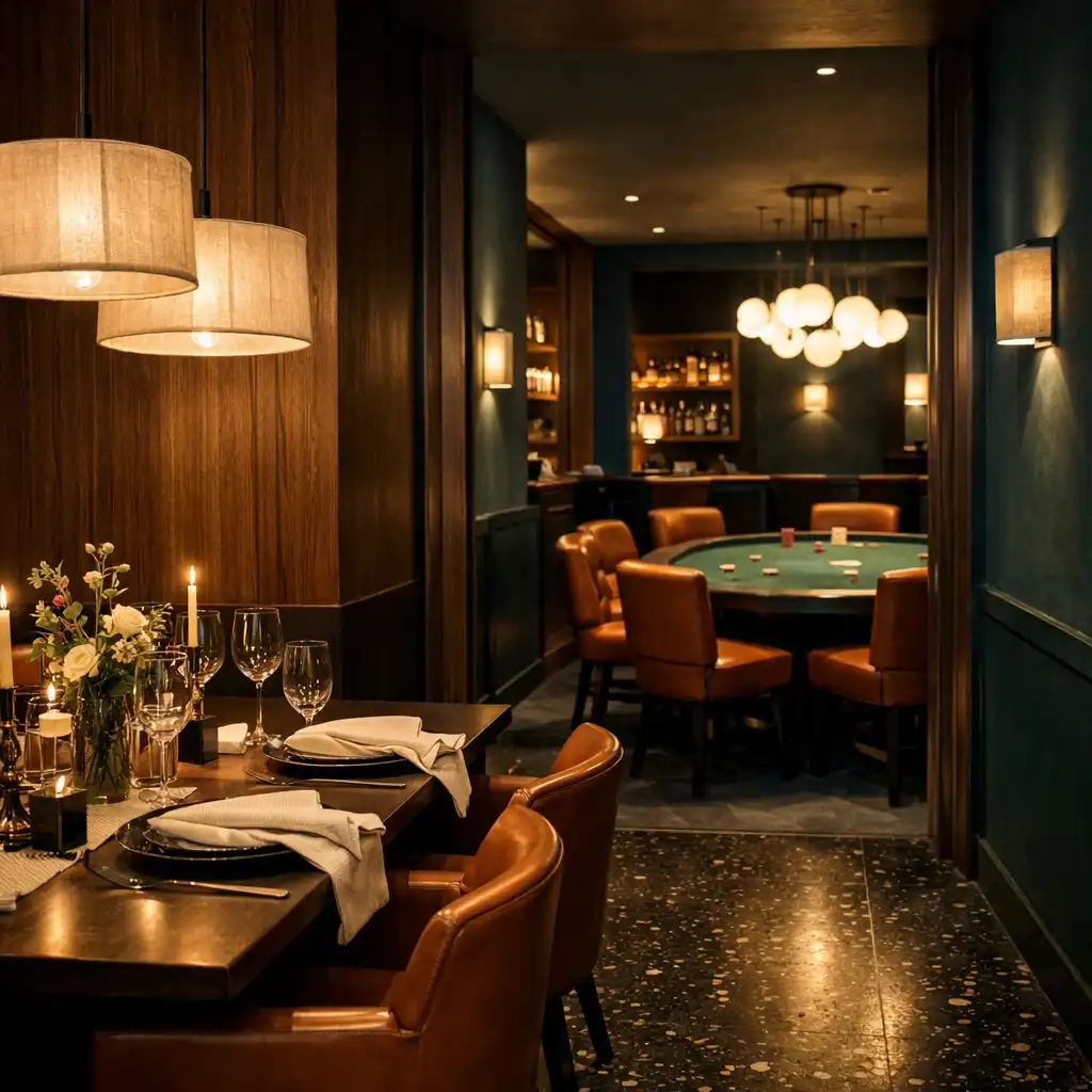 A Varositerasz éttermi asztalaitól a meleg fényű Poker Lounge felé vezető belső átjáró.