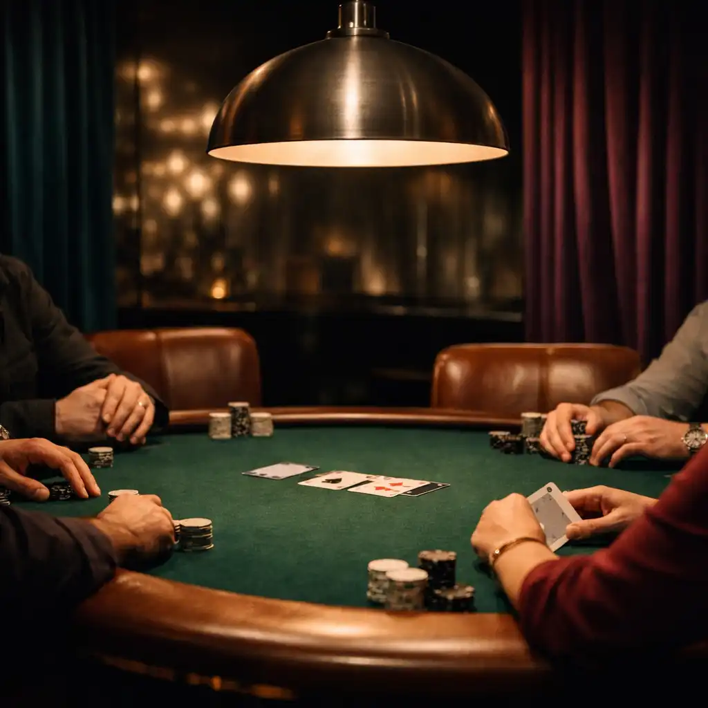 Fizikai pókerasztal meleg függőlámpa alatt a Varositerasz Poker Lounge-ban, körülötte beszélgető vendégek kezei és cognac bőr székek.